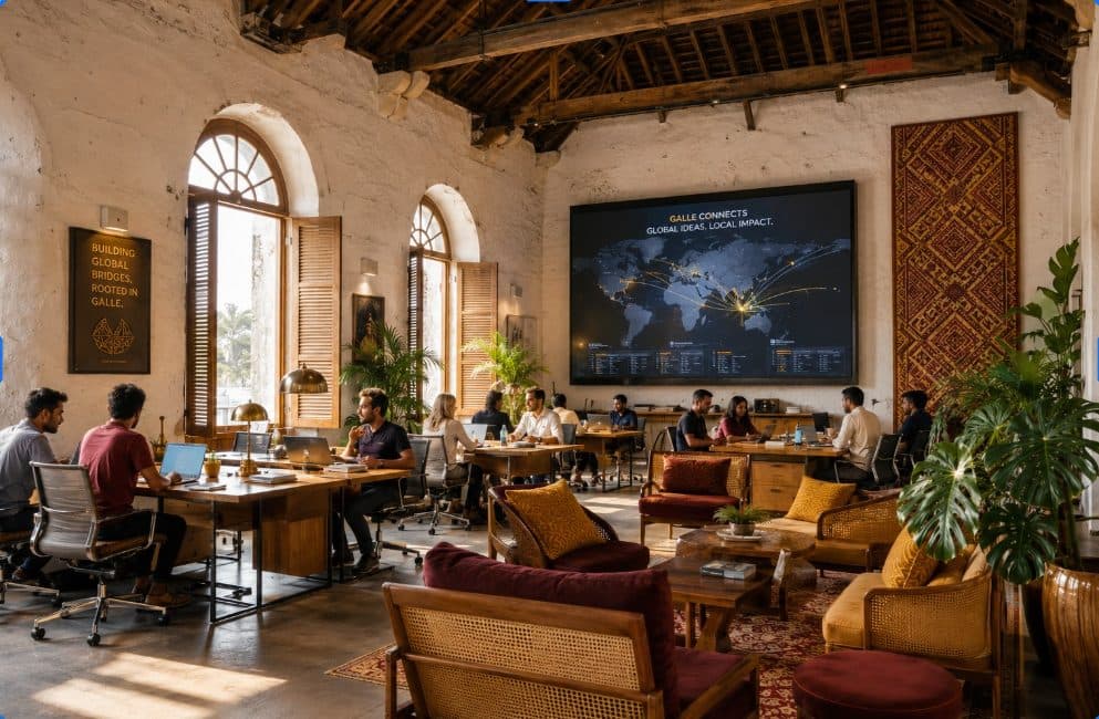 Concept image of Founder’s House: founders working in a restored hall with arched windows